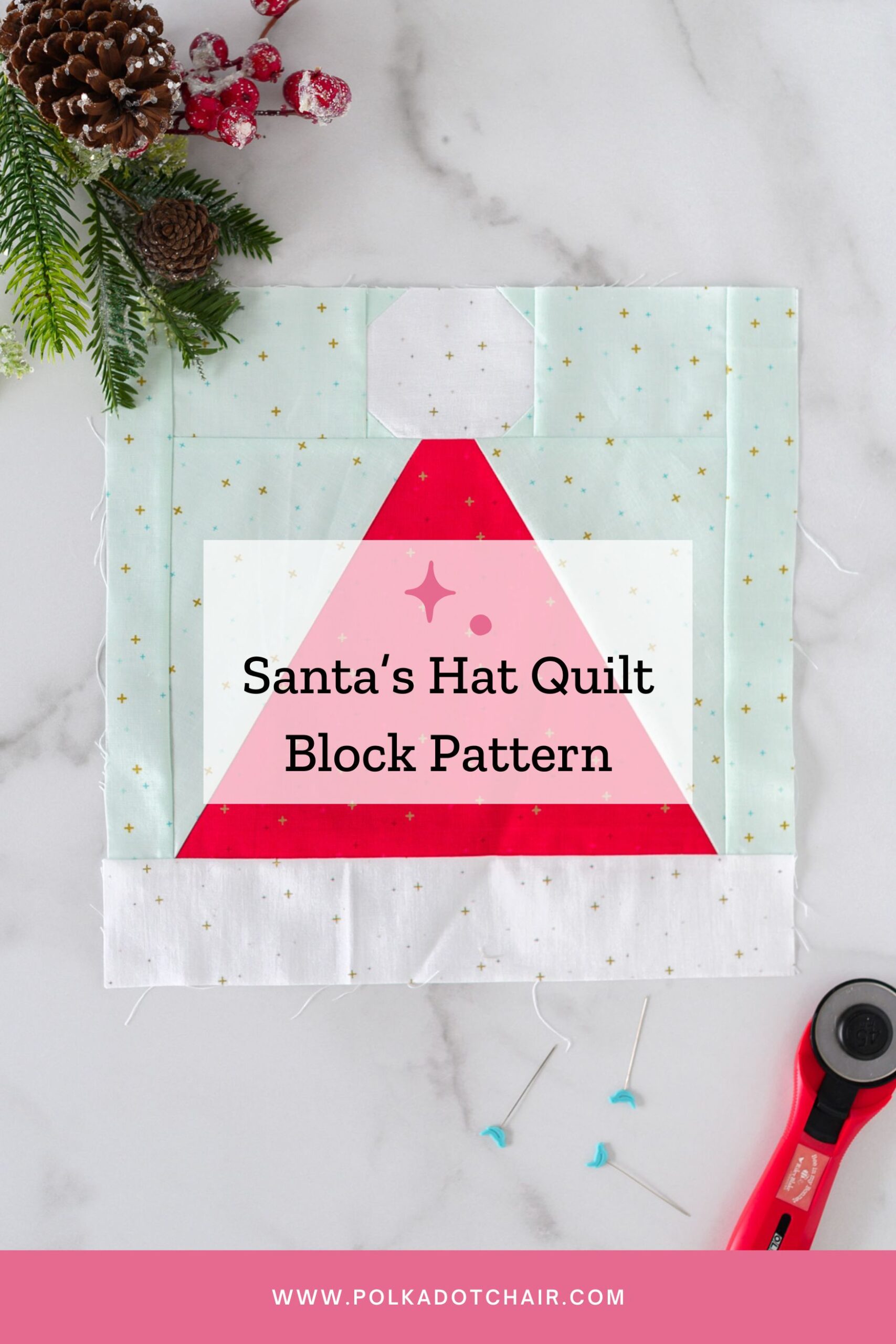 Santa hat quilt block on white table