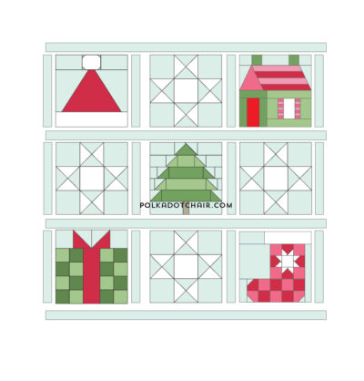 quilt assembly diagram in blue, green, red and pink