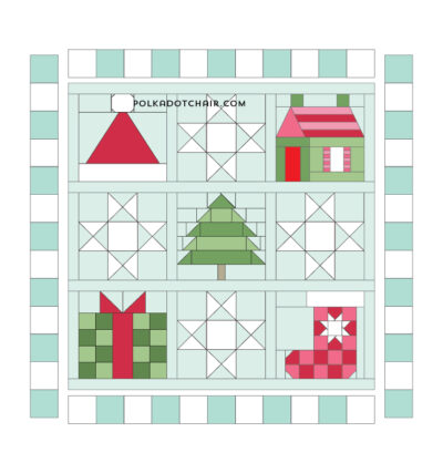 quilt assembly diagram in blue, green, red and pink