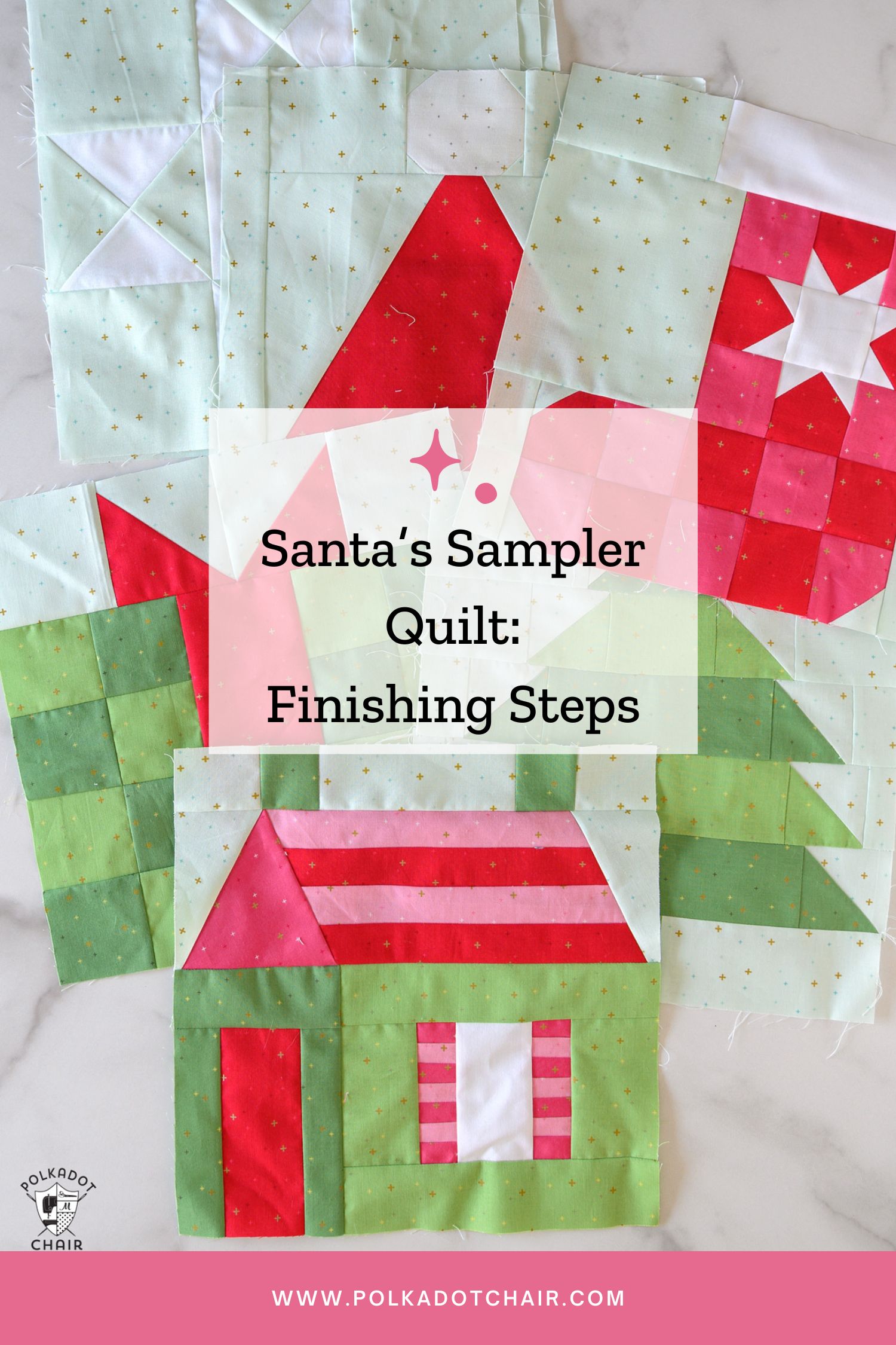 multiple colorful christmas quilt blocks on white table