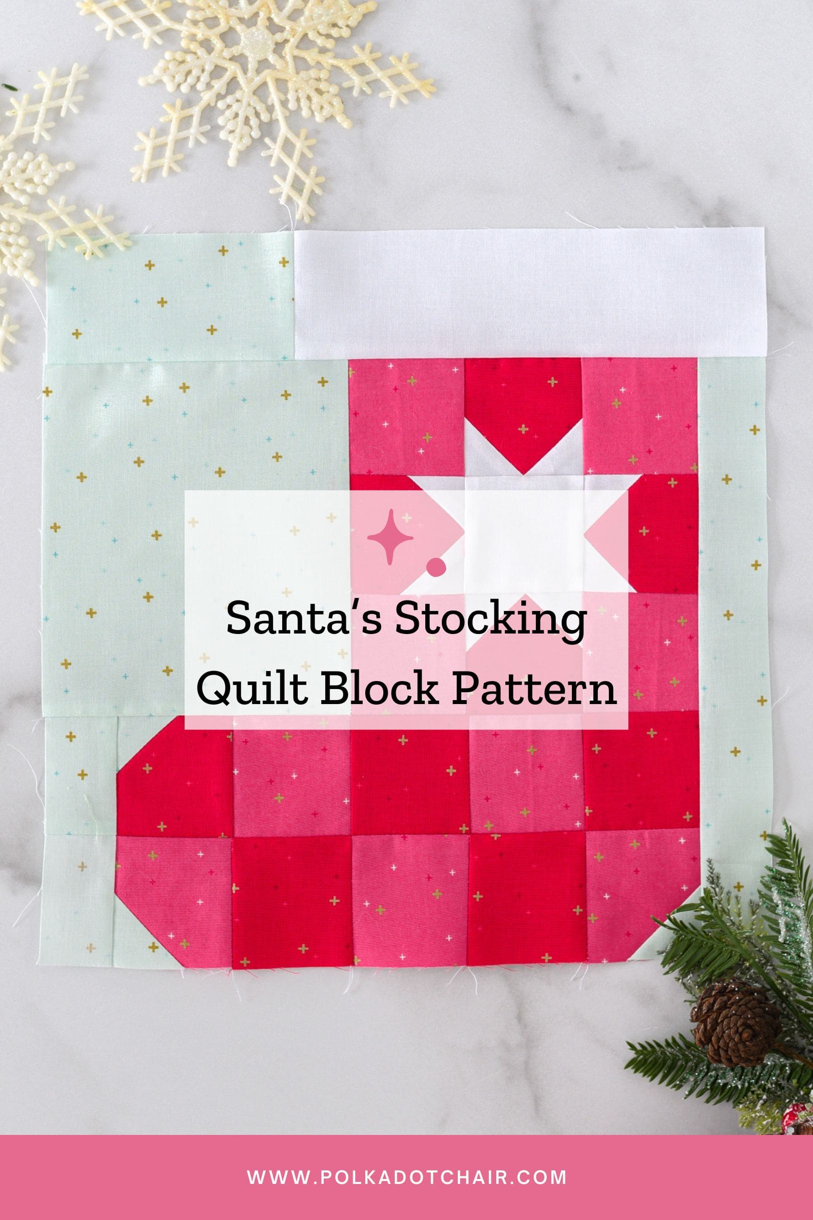stocking quilt block on white counter