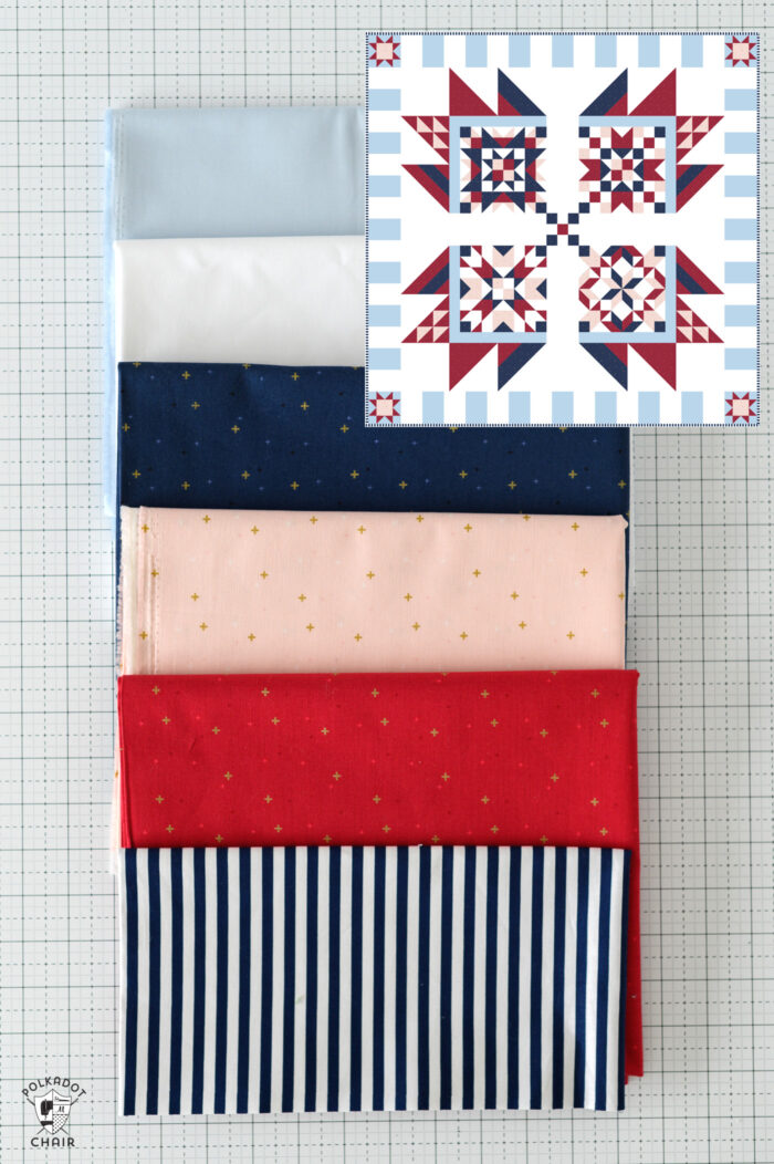 Blue, white, navy, pink and red fabrics with quilt overlay image