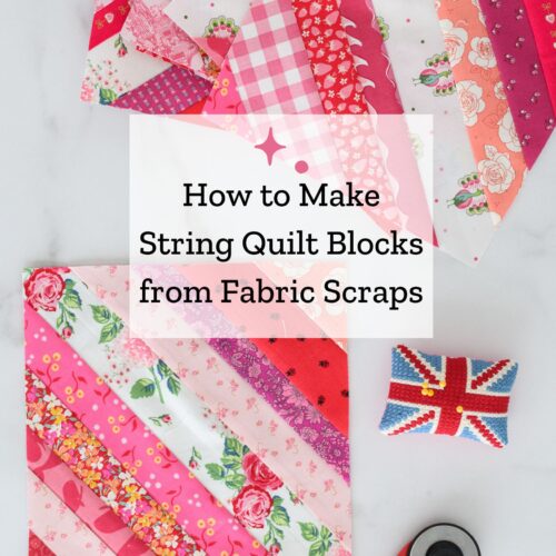 Red, pink and white string quilt blocks on white countertop