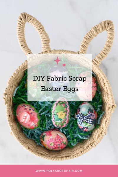 fabric easter eggs in wicker basket with faux grass