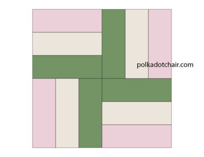 pink, green and ivory rail fence quilt block construction step illustration