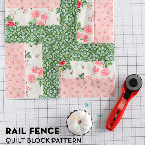 pink and green quilt block on white cutting mat