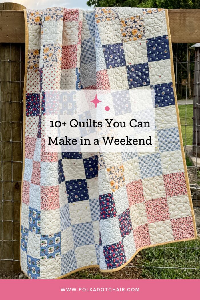 Patchwork quilt hanging on fence outdoors with text overlay
