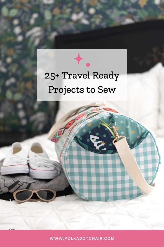 duffle bag on bed with white comforter and shoes and sweatshirt