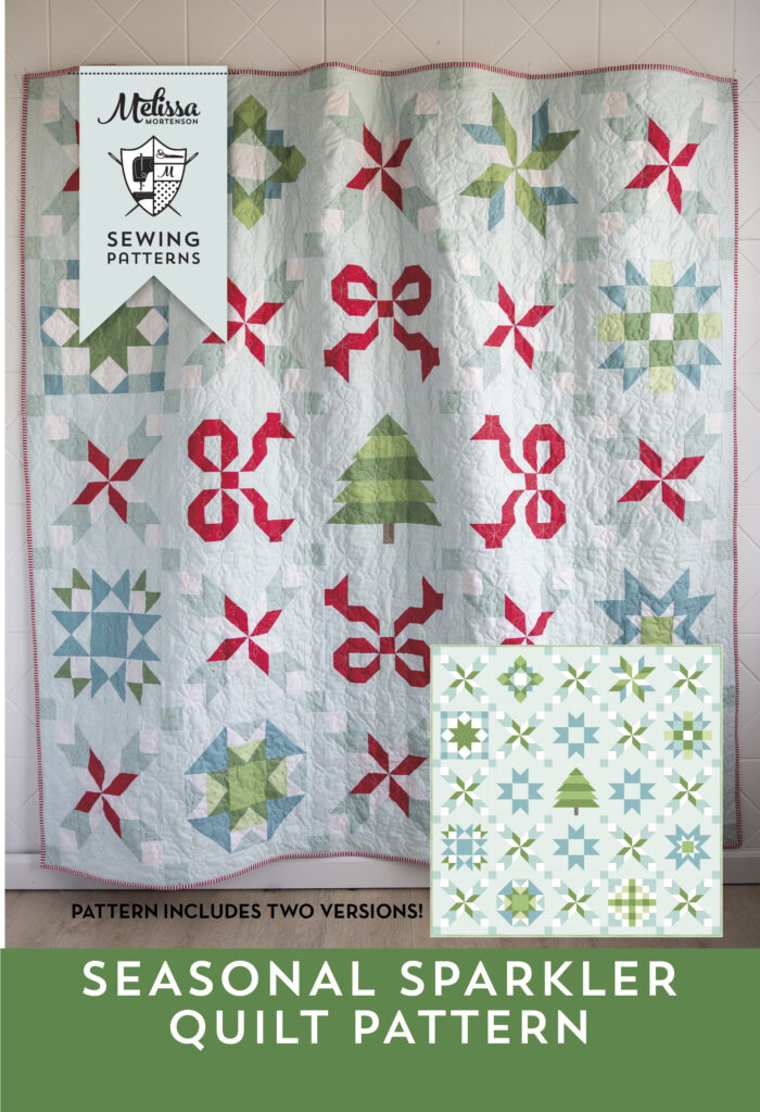 pattern cover for seasonal sparkler quilt pattern, christmas quilt pattern in red, green and aqua with star and bow blocks