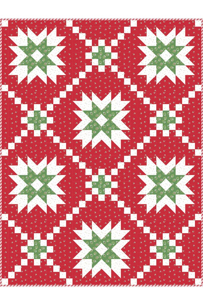 geometric christmas quilt with red background and white and green stars and plus shapes