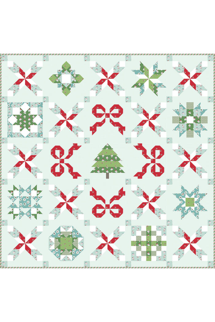 mockup of christmas quilt pattern in aqua, green and red.