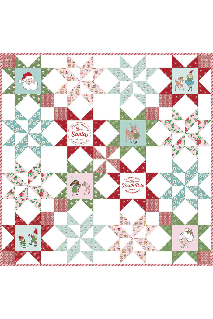 mockup of christmas quilt pattern in aqua, green and red.