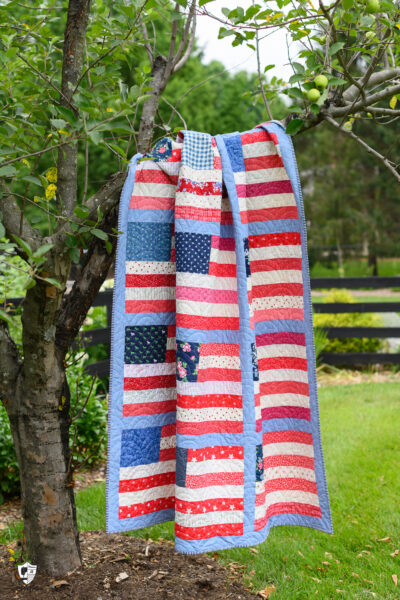 Colorful American flag quilt hanging on a tree branch in a garden.