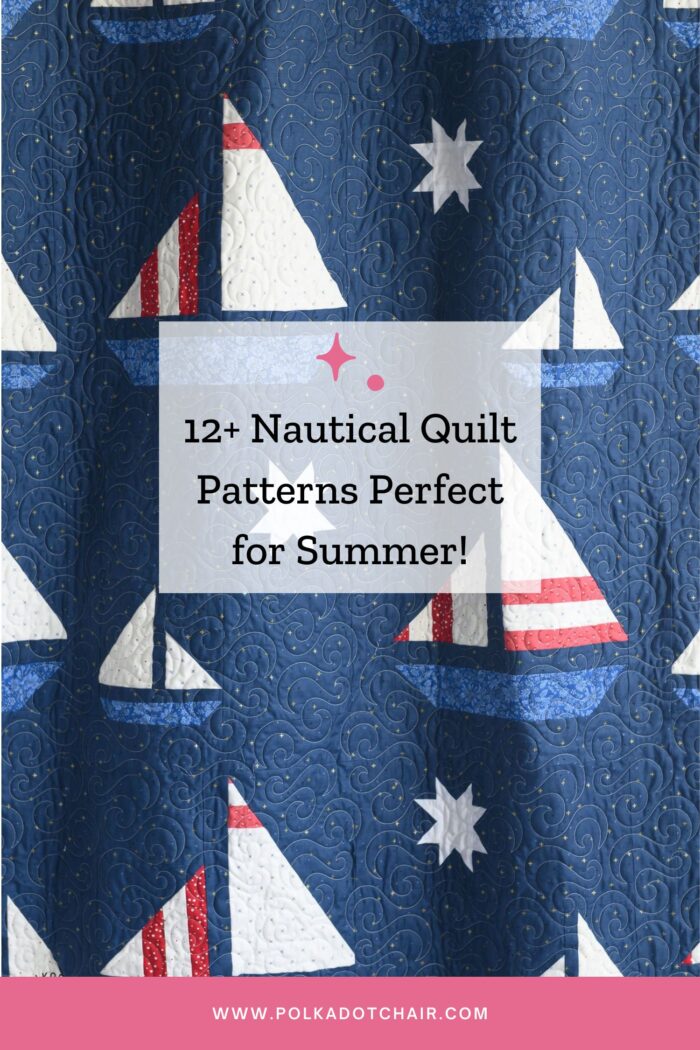 Navy sailboat quilt close up with red white and blue sailboats with text overlay