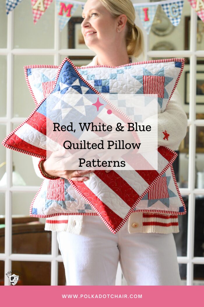 A woman holding multiple patriotic quilted pillows featuring red, white, and blue patterns, ideal for seasonal or everyday decor.