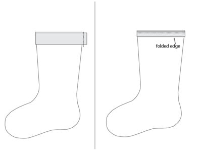 black and white illustration of quilted stocking construction process