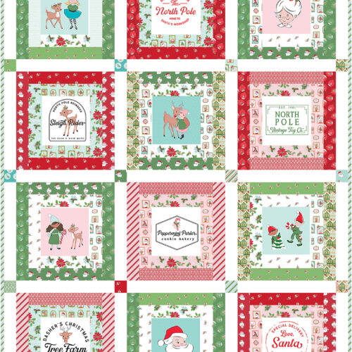 Festive Christmas quilt blocks with Santa, reindeer, and holiday motifs.