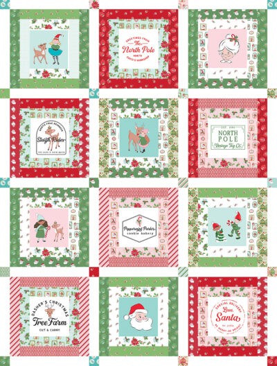 Festive Christmas quilt blocks with Santa, reindeer, and holiday motifs.