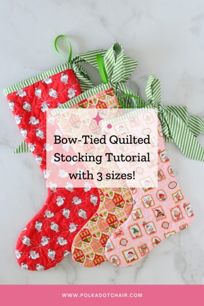 Three festive Christmas stockings with polka dot and striped patterns on a marble surface. with text overlay