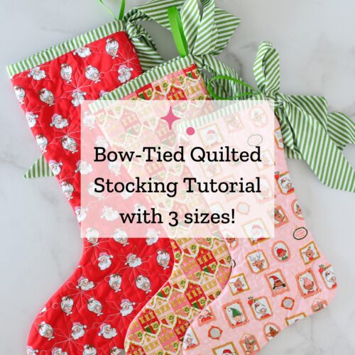 Three festive Christmas stockings with polka dot and striped patterns on a marble surface. with text overlay