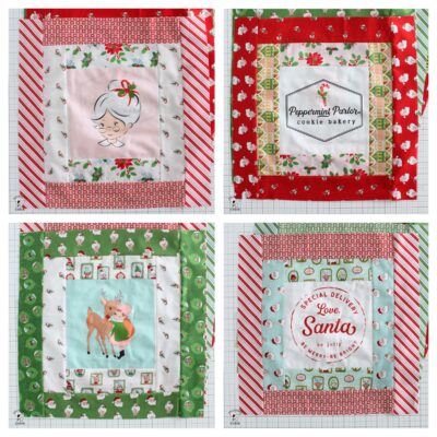 collage image of four santas sampler quilt blocks each featuring christmas illustrations and colorful fabric borders
