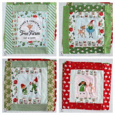 collage image of four santas sampler quilt blocks each featuring christmas illustrations and colorful fabric borders