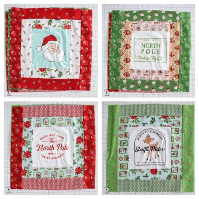 collage image of four santas sampler quilt blocks each featuring christmas illustrations and colorful fabric borders