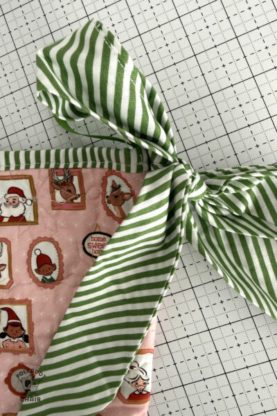close up of ribbon attachment on stocking