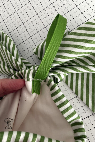 close up of ribbon attachment on stocking