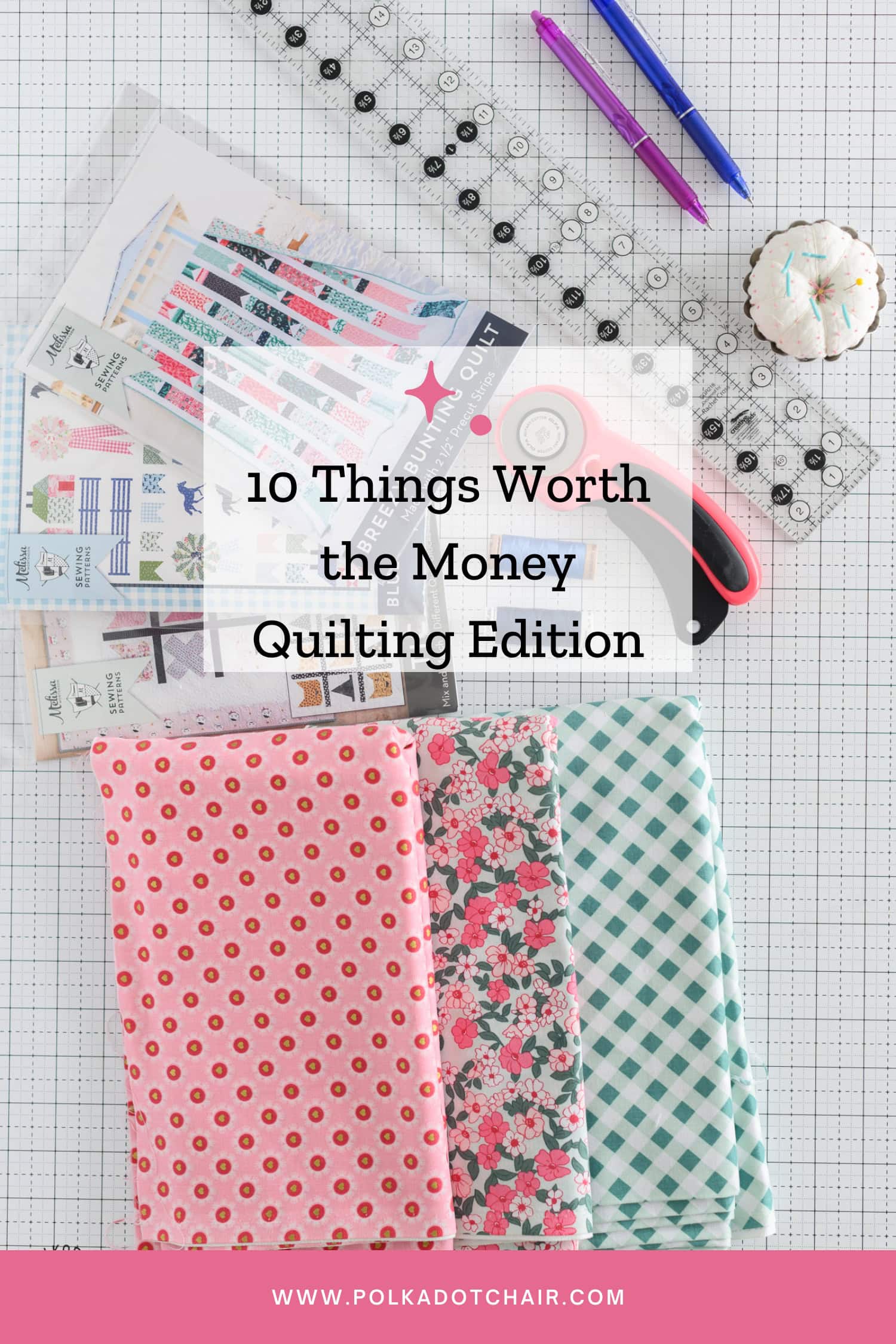 sewing notions on white cutting mat with fabric