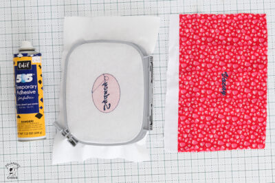 Craft supplies including adhesive, embroidery hoop, and polka dot fabric.