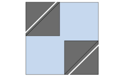 blue and gray construction illustration of quilt block construction steps