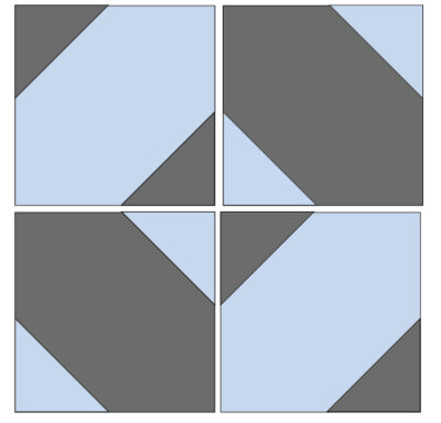 blue and gray construction illustration of quilt block construction steps